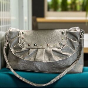 Airwalk Vegan Leather Studded Shoulder Bag | Convertible Clutch | Taupe Metallic